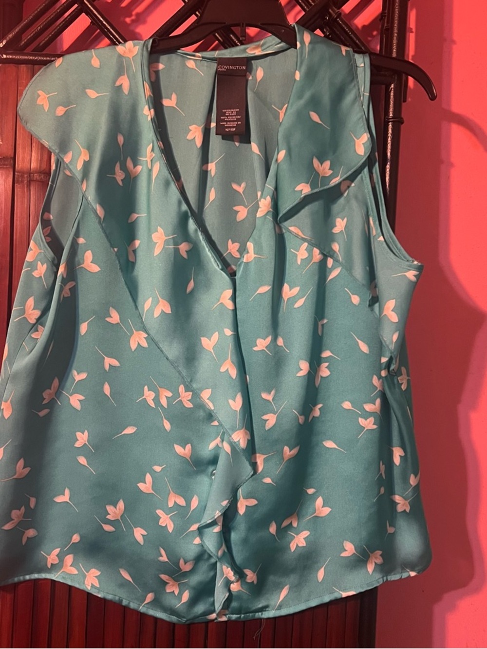 Covington Teal Floral Ruffled Sleeveless Blouse